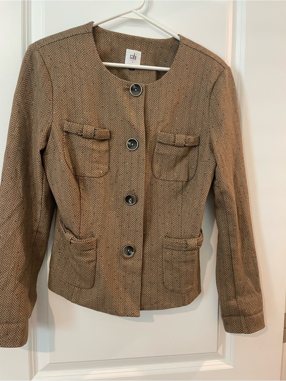 CAbi Brown Herringbone Penny Button-Front Blazer